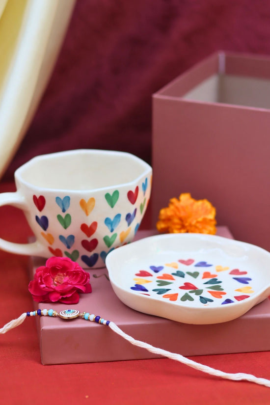 LoveisLove Mug & LoveisLove Dessert Plate Rakhi Gift Box handmade in India