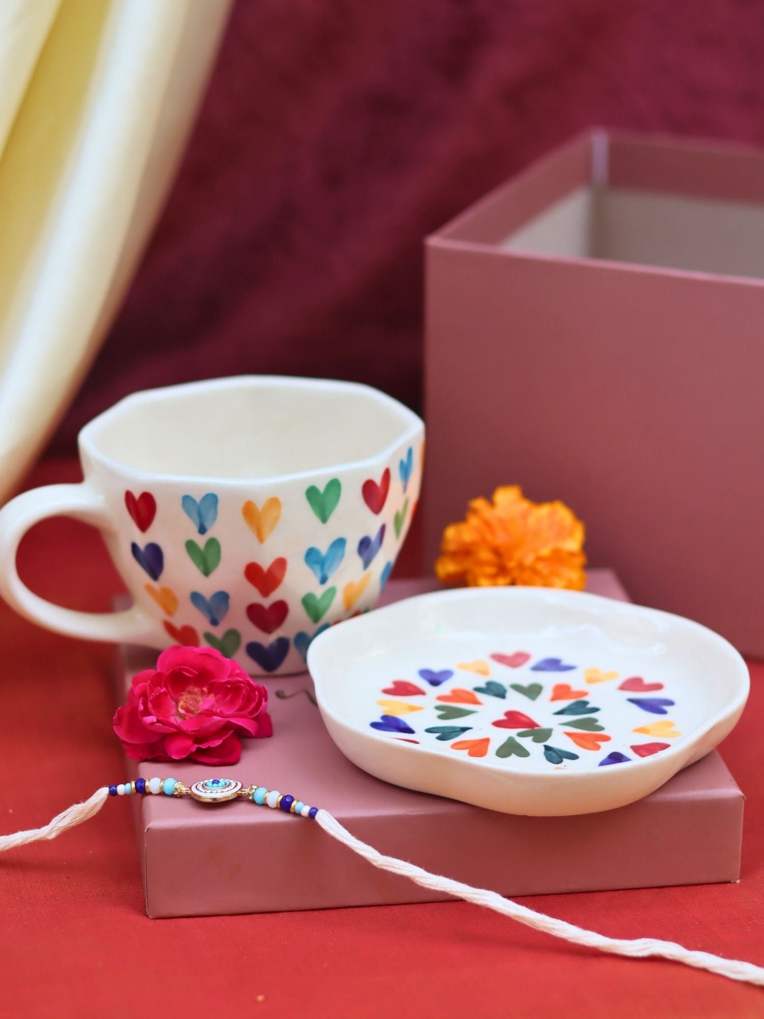 LoveisLove Mug & LoveisLove Dessert Plate Rakhi Gift Box handmade in India