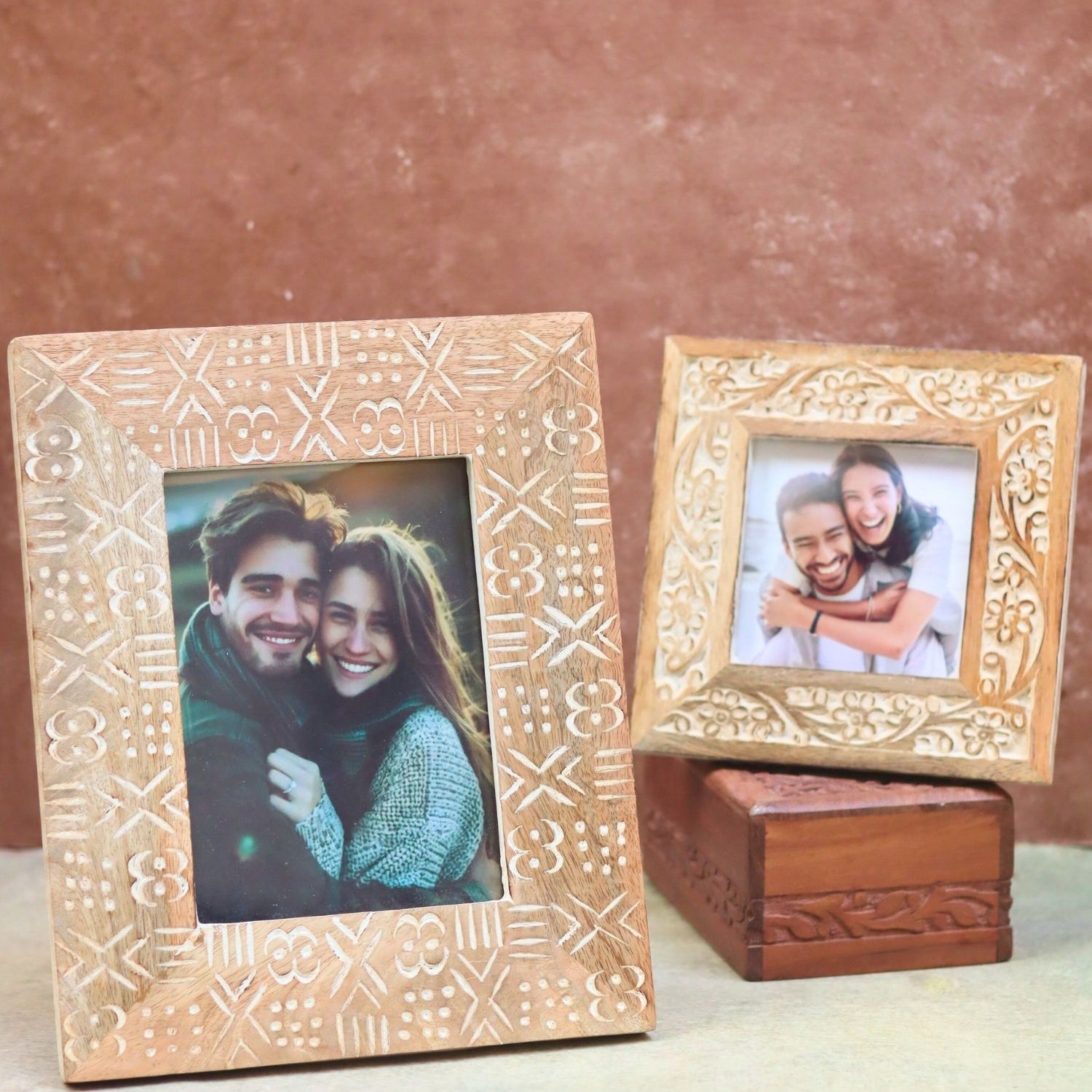 Set of 2 - Carved Floral Square & Aesthetic Carved wooden Frame Combo made by wood