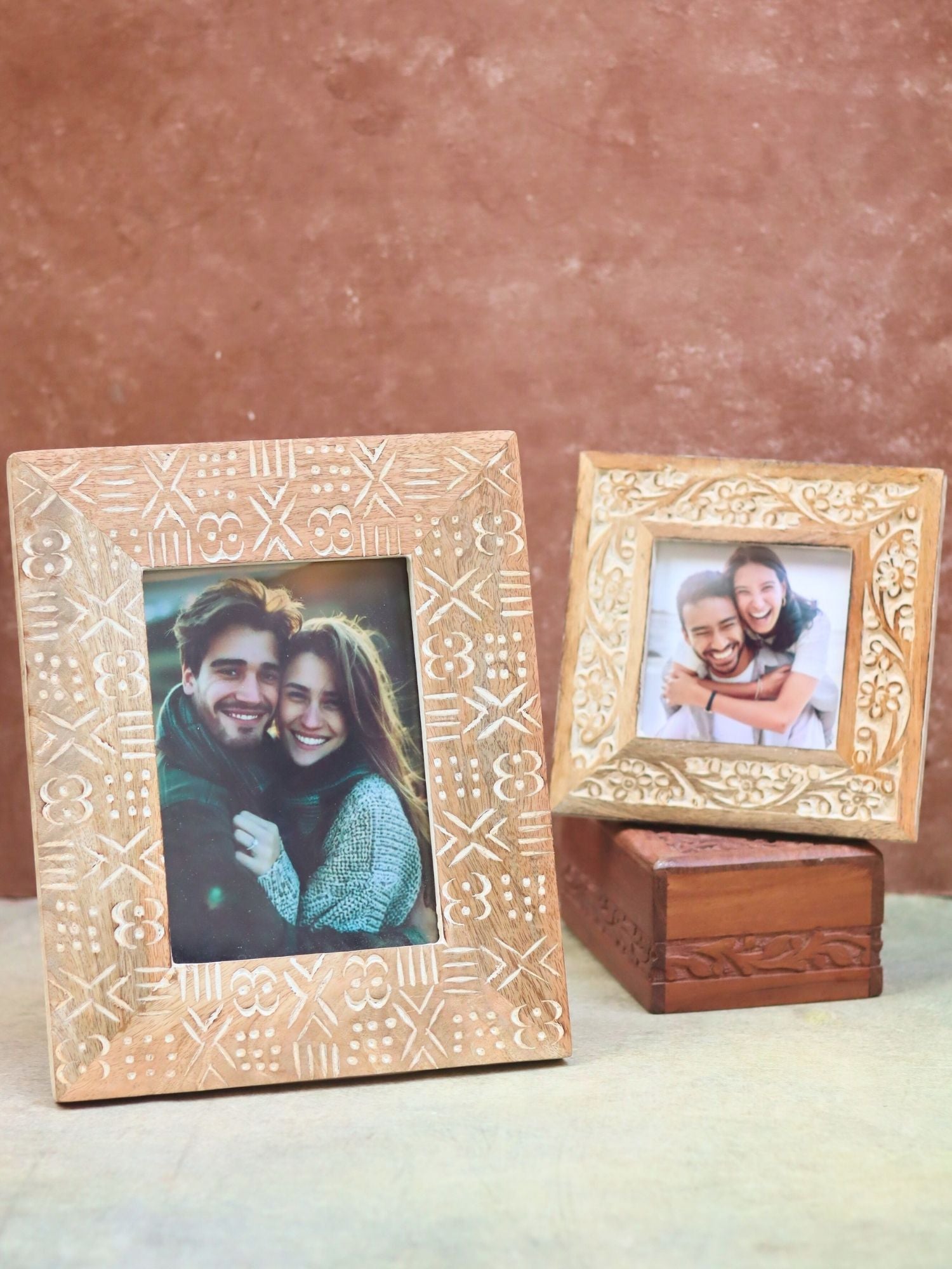 Set of 2 - Carved Floral Square & Aesthetic Carved wooden Frame Combo made by wood