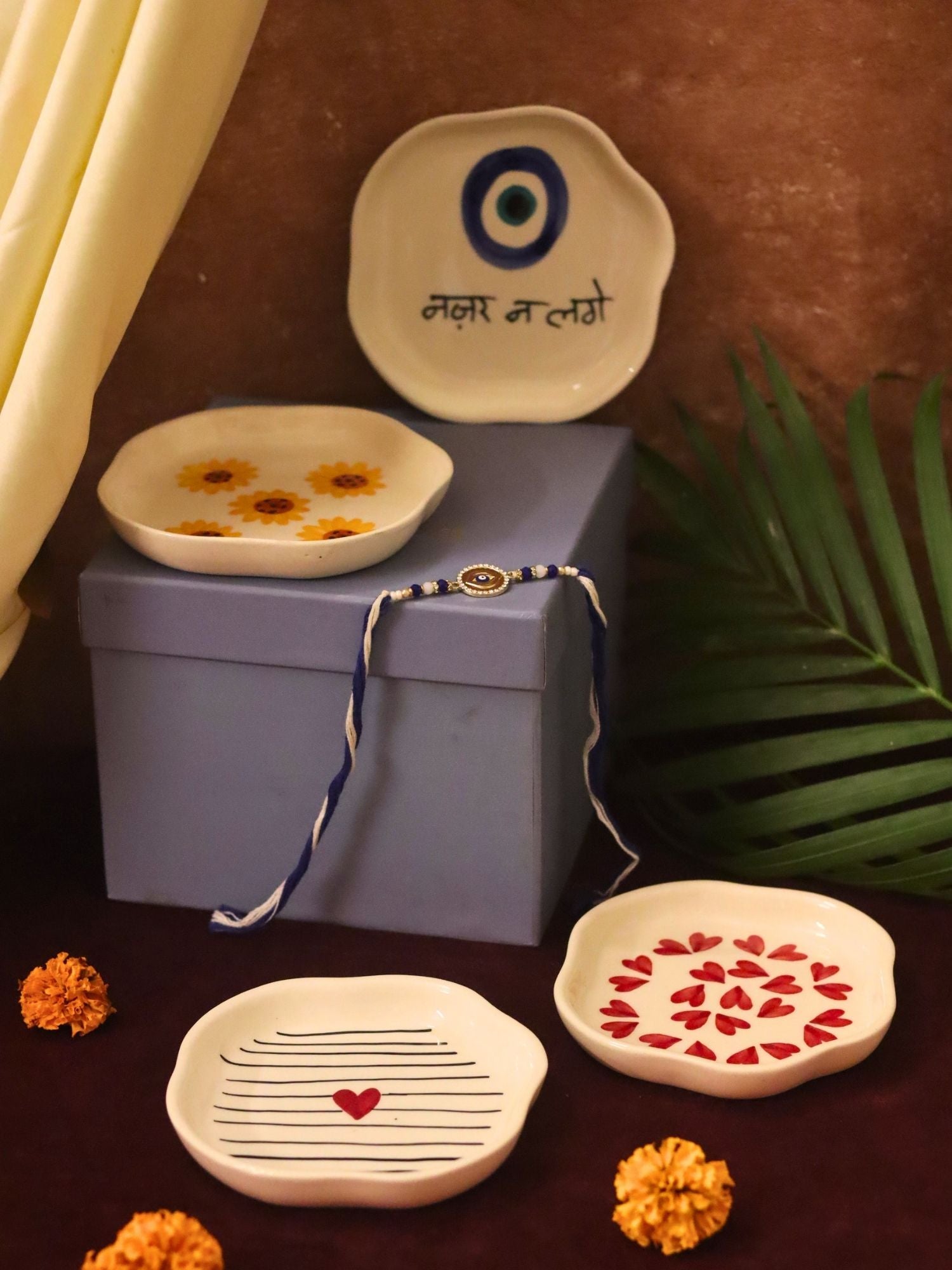 Set of 4 - Hear, Striped heart, Surajmukhi & Nazar handmade dessert plate combo Rakhi Gift box handmade in india