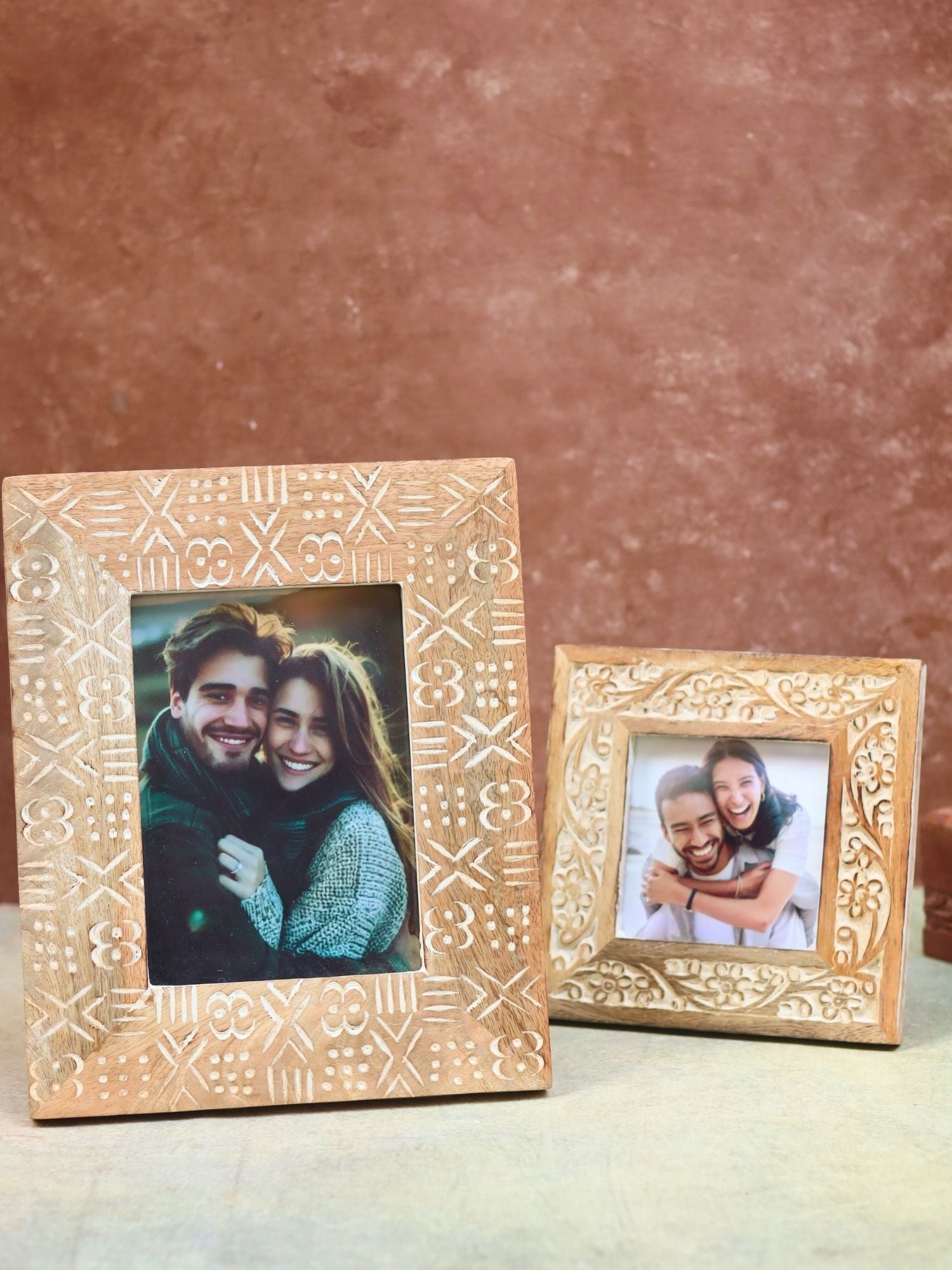 Set of 2 - Carved Floral Square & Aesthetic Carved wooden Frame Combo with premium quality material