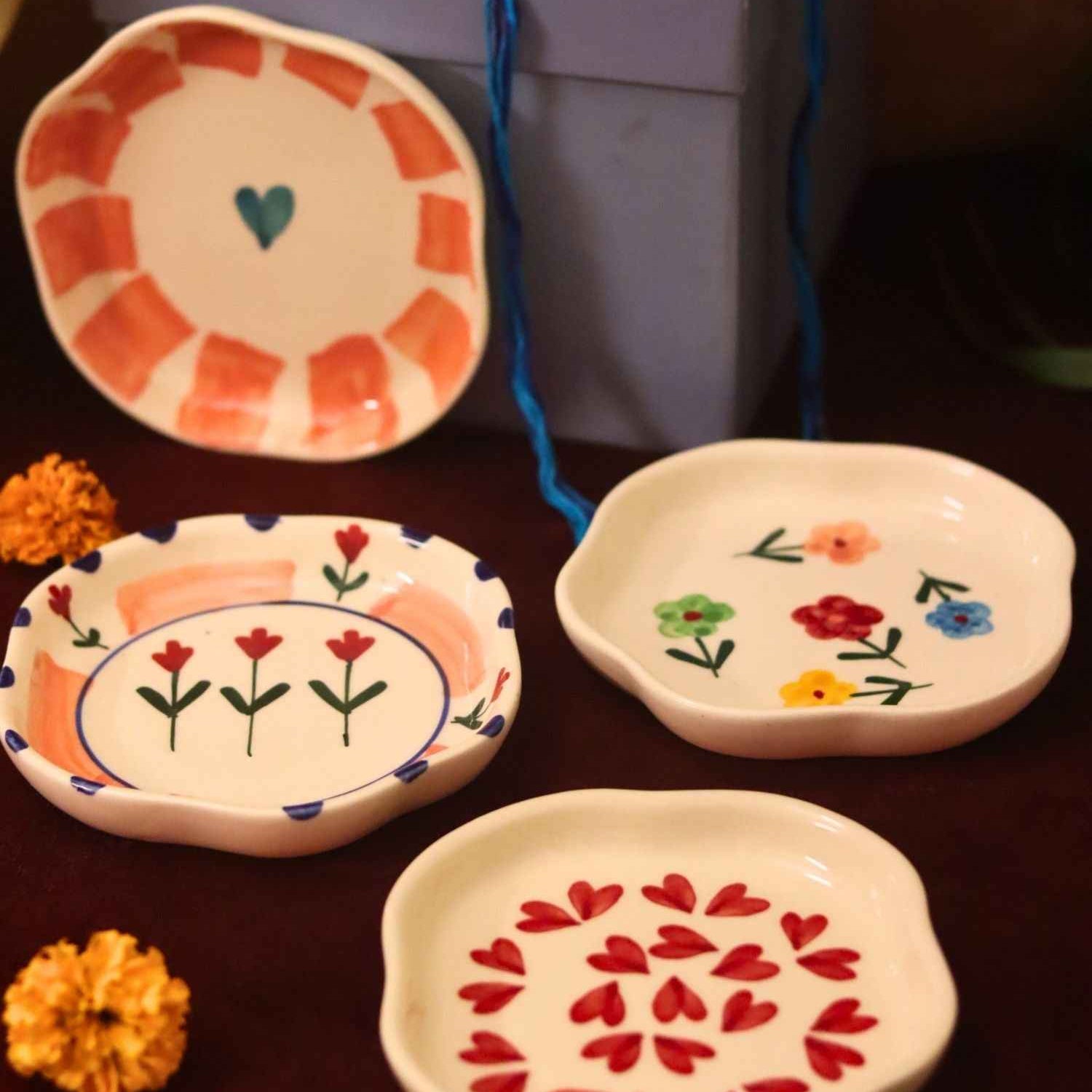 Set of 4 - Heart, Striped heart, Peony & Floral Blossom handmade dessert plate combo Rakhi Gift box
