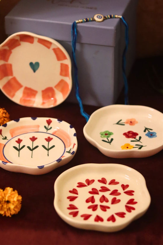 Lead free Set of 4 - Hear, Striped heart, Peony & Floral Blossom handmade dessert plate combo Rakhi Gift box