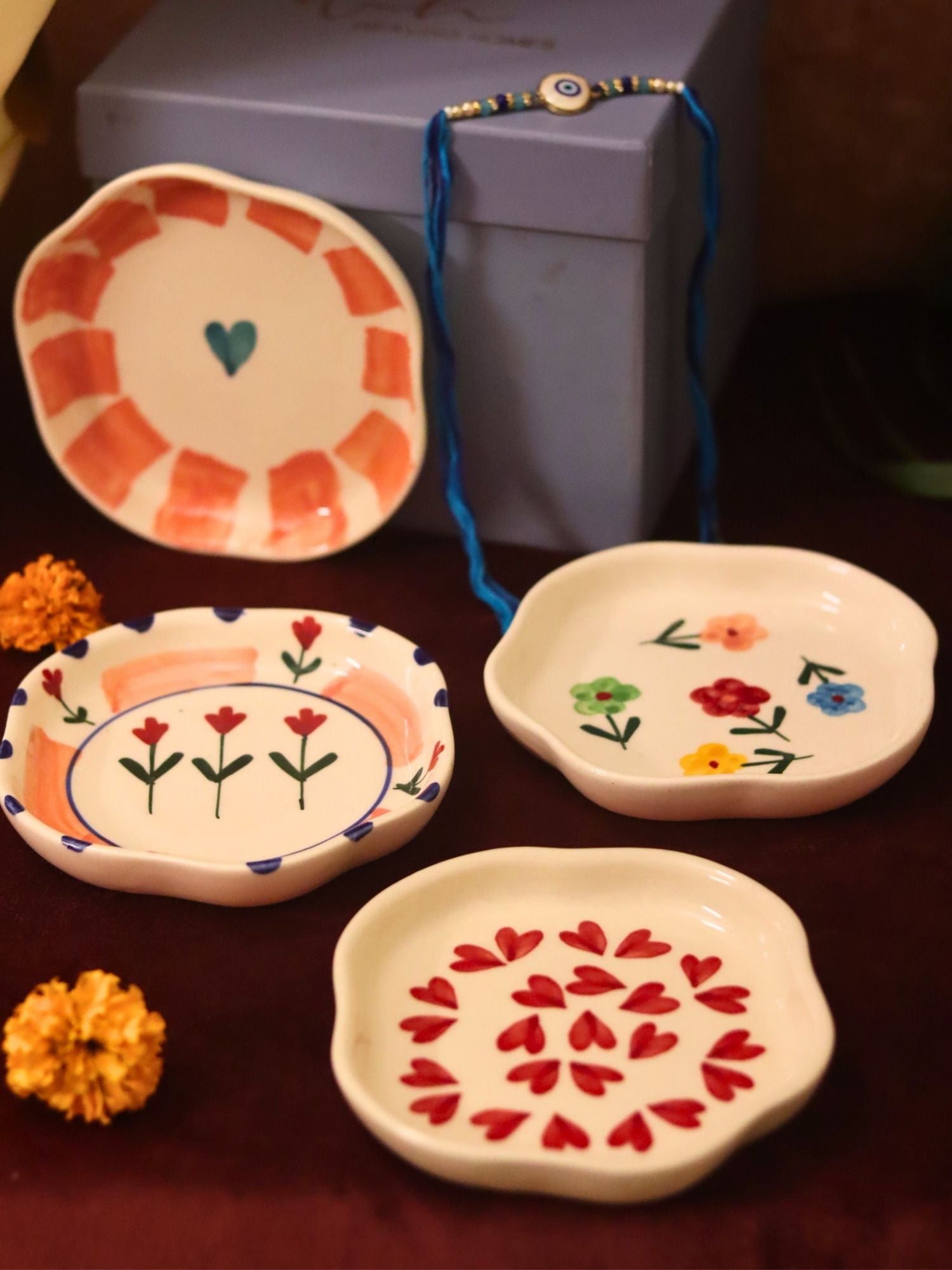 Lead free Set of 4 - Hear, Striped heart, Peony & Floral Blossom handmade dessert plate combo Rakhi Gift box