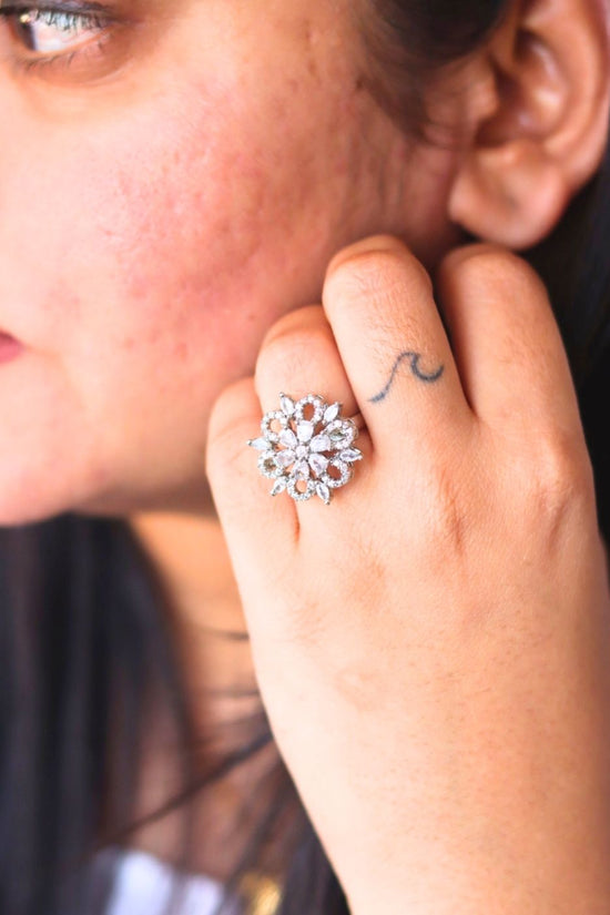 anti tarnish Floral Elegance AD Adjustable Ring 