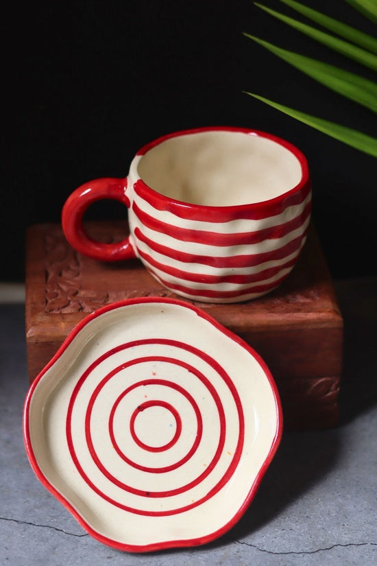 Red Lined Mug & Handmade Dessert Plate handmade in India