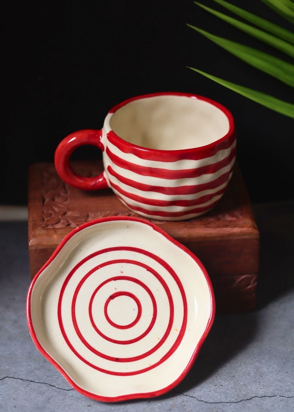 Red Lined Mug & Handmade Dessert Plate handmade in India