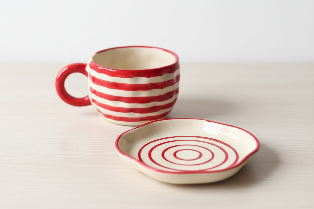 Red Lined Mug & Handmade Dessert Plate