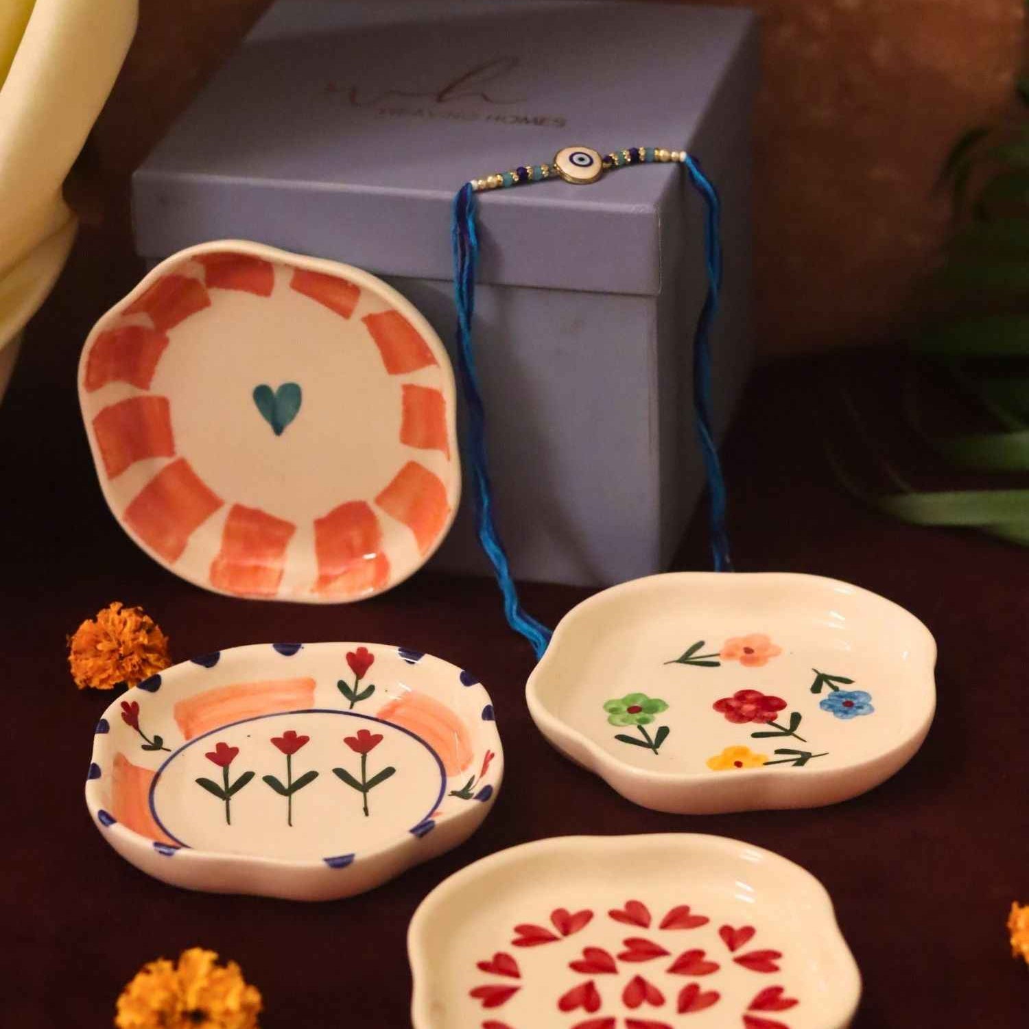 Set of 4 - Heart, Striped heart, Peony & Floral Blossom handmade dessert plate combo Rakhi Gift box