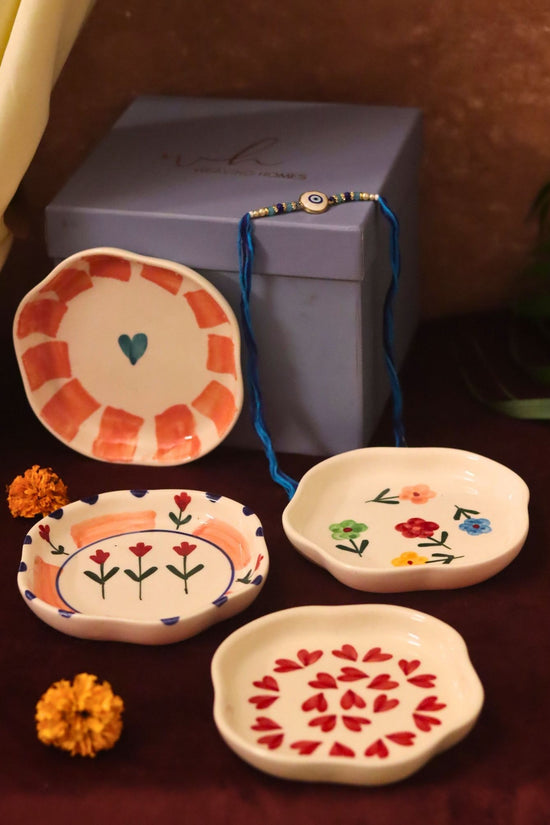 Set of 4 - Hear, Striped heart, Peony & Floral Blossom handmade dessert plate combo Rakhi Gift box made by ceramic