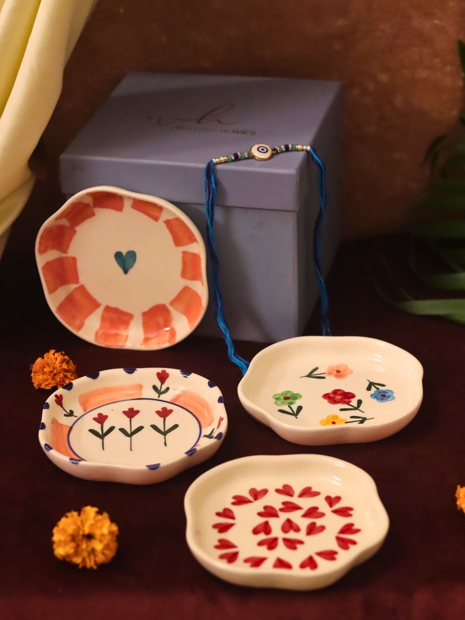 Set of 4 - Hear, Striped heart, Peony & Floral Blossom handmade dessert plate combo Rakhi Gift box made by ceramic