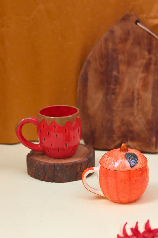 Handmade Set of 2 - Orange Mug with Lid & OG Strawberry mug & Orange Mug combo