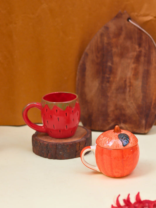Handmade Set of 2 - Orange Mug with Lid & OG Strawberry mug & Orange Mug combo