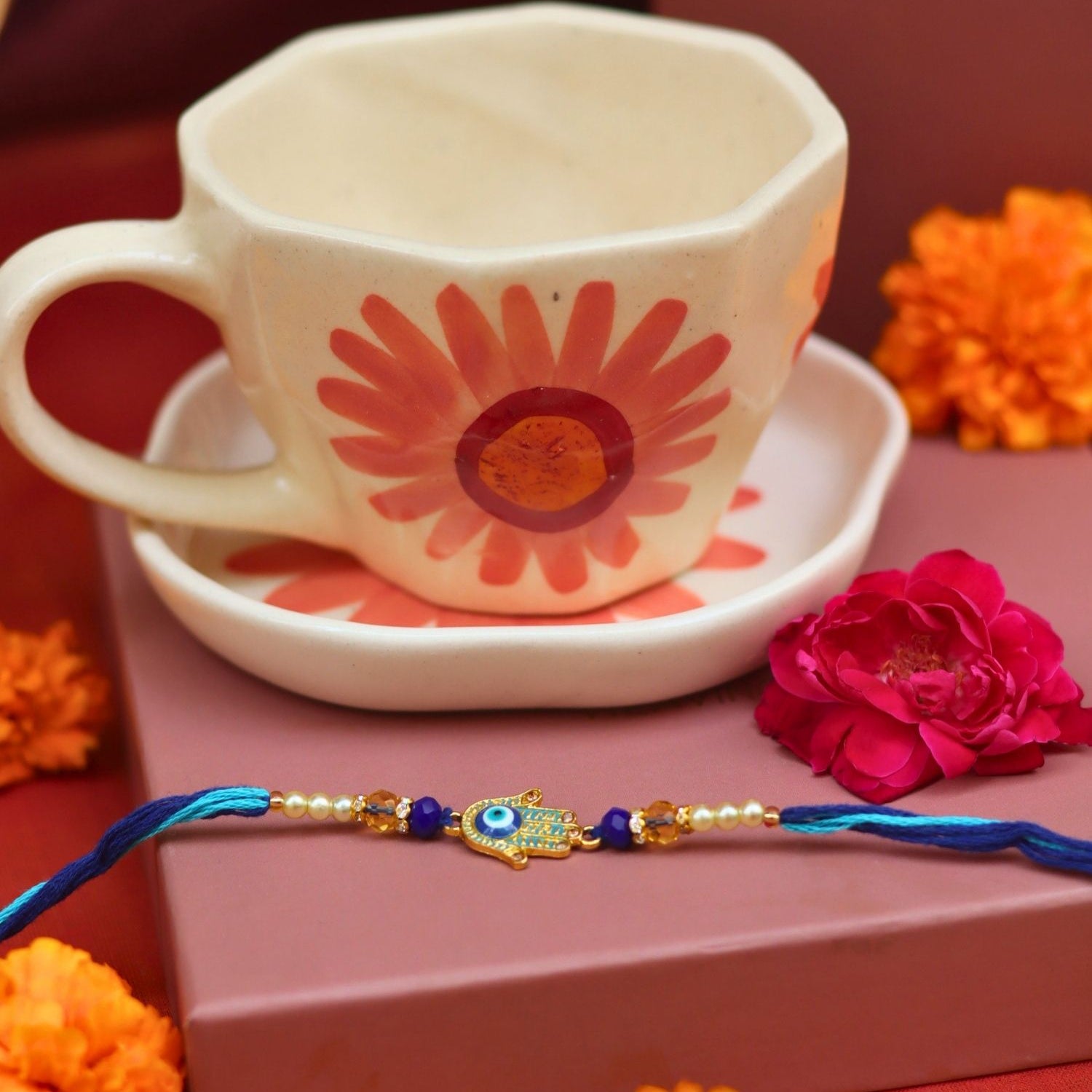 Lead free Flower Mug & Dessert Plate Rakhi Gift Box