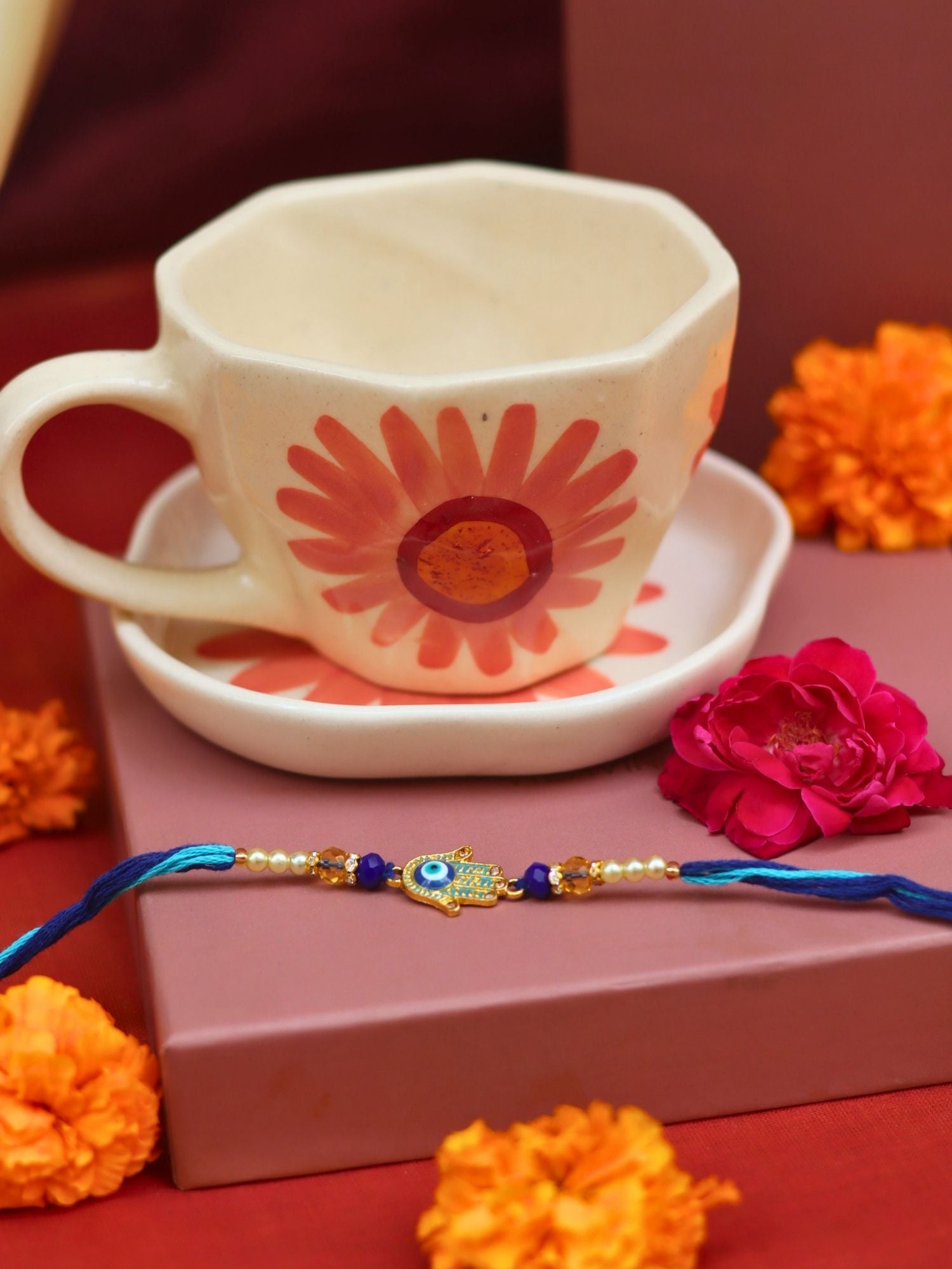 Lead free Flower Mug & Dessert Plate Rakhi Gift Box