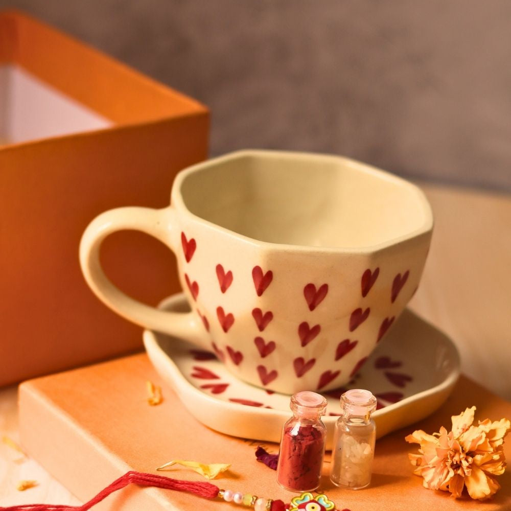 heart mug & all heart rakhi gift box made by ceramic