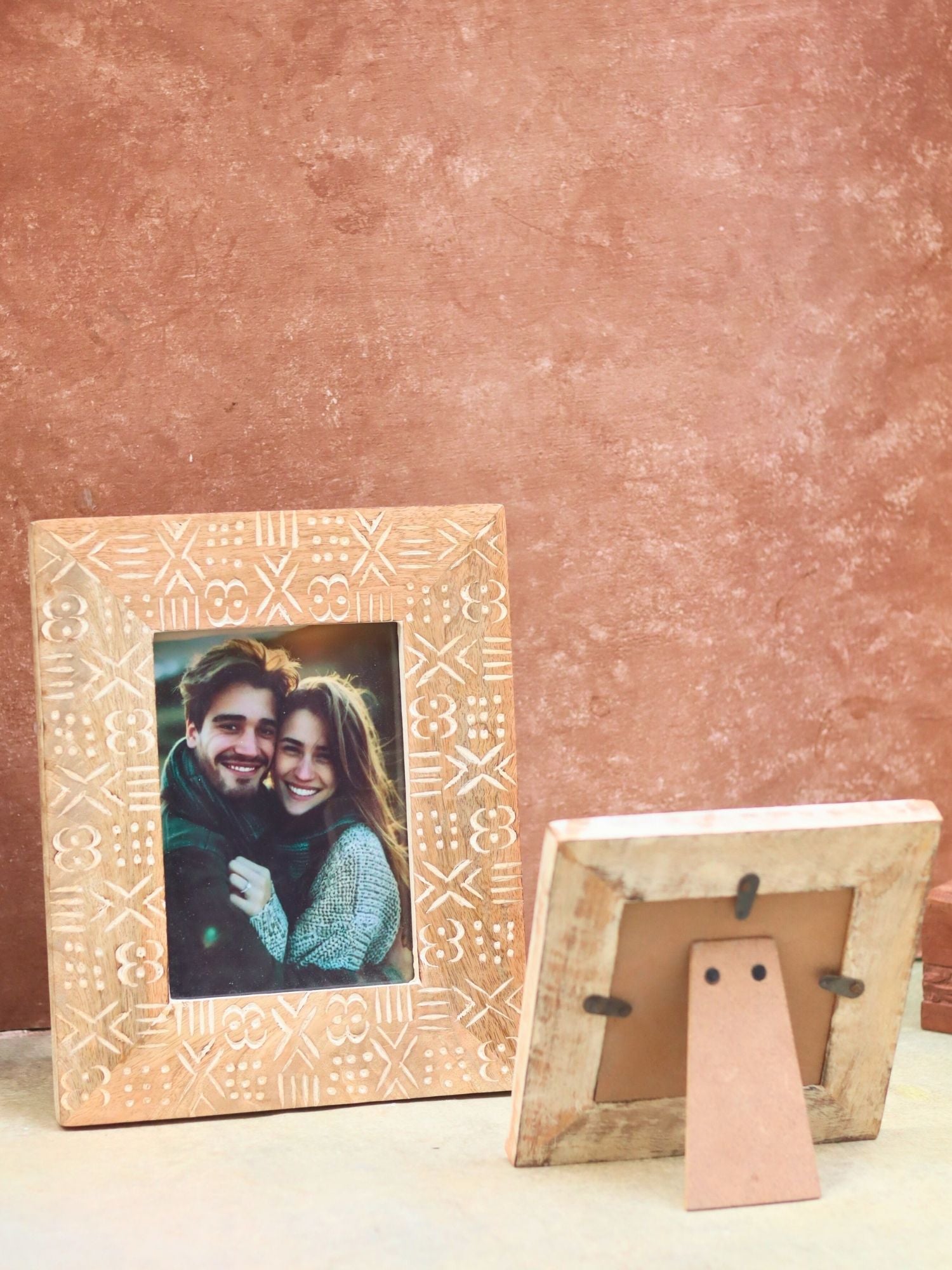 Set of 2 - Carved Floral Square & Aesthetic Carved wooden Frame Combo handmade in India