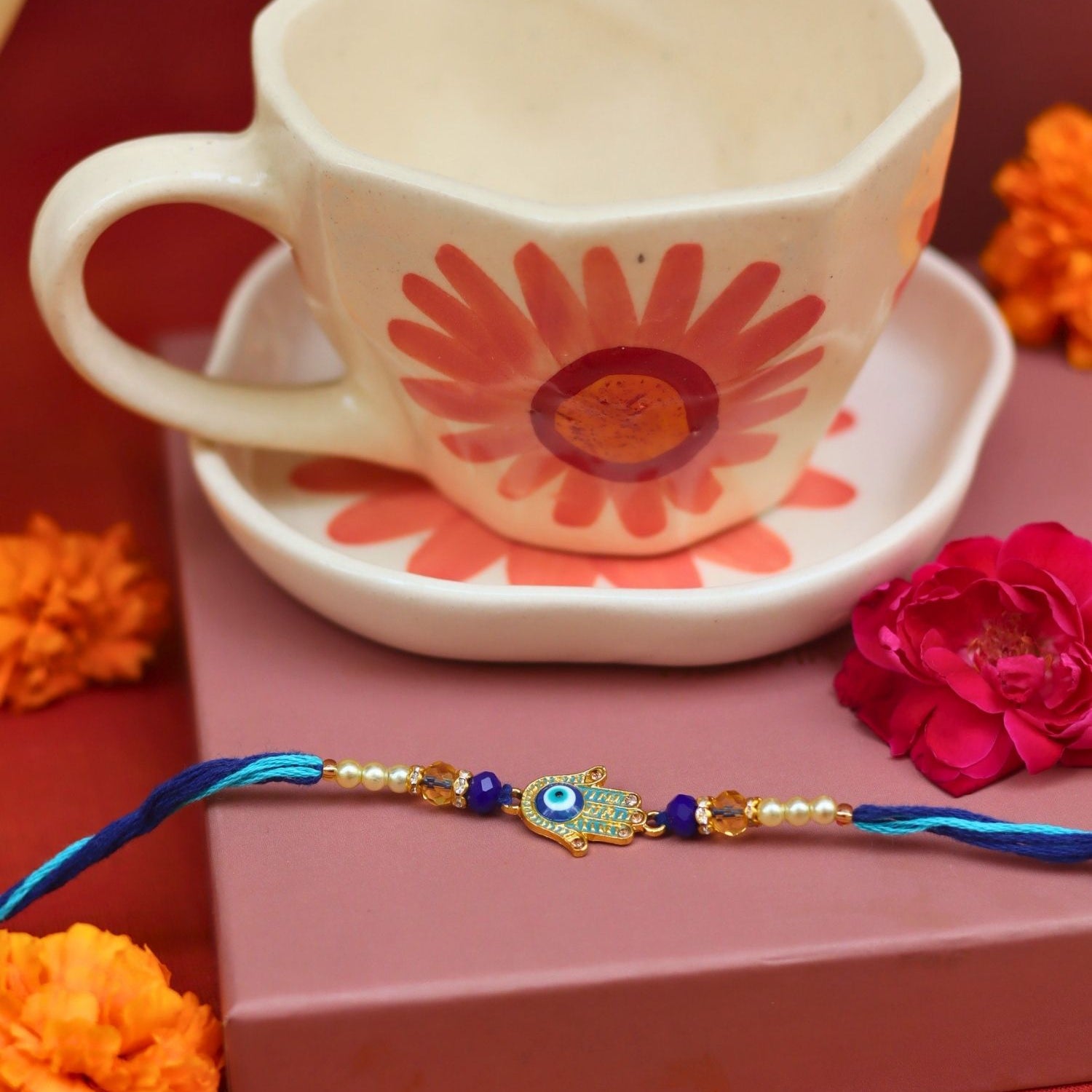 Flower Mug & Dessert Plate Rakhi Gift Box made with premium quality material