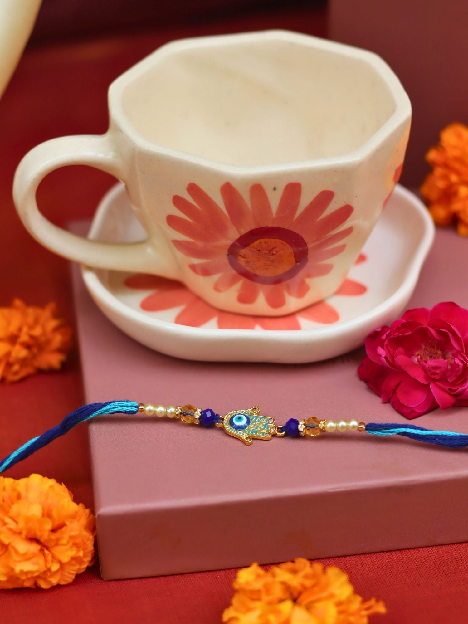Flower Mug & Dessert Plate Rakhi Gift Box made with premium quality material