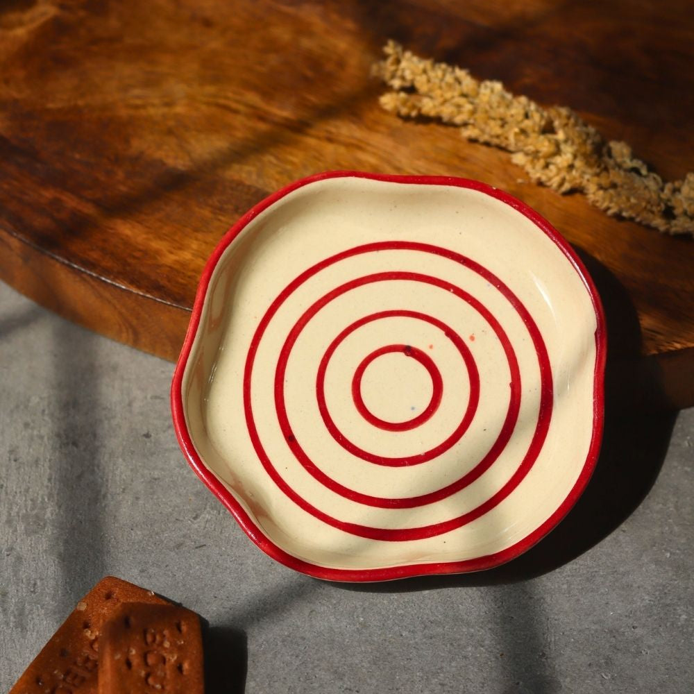 Red Lined Handmade Dessert Plate made by ceramic