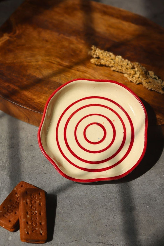 Red Lined Handmade Dessert Plate made by ceramic