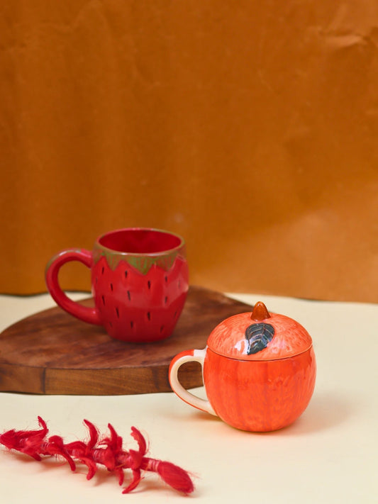 Set of 2 - Orange Mug with Lid & OG Strawberry mug & Orange Mug combo made by ceramic