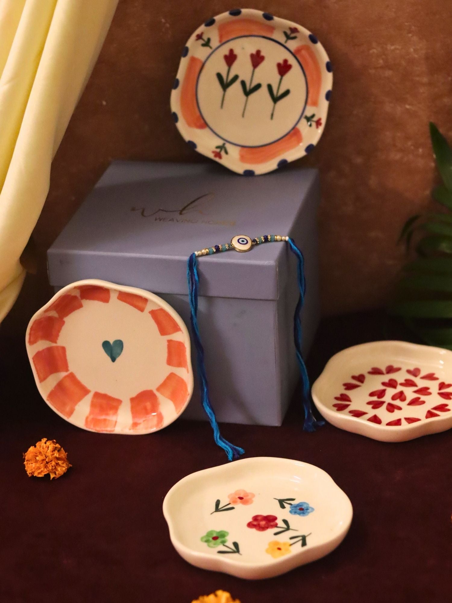 Set of 4 - Hear, Striped heart, Peony & Floral Blossom handmade dessert plate combo Rakhi Gift box with premium quality material