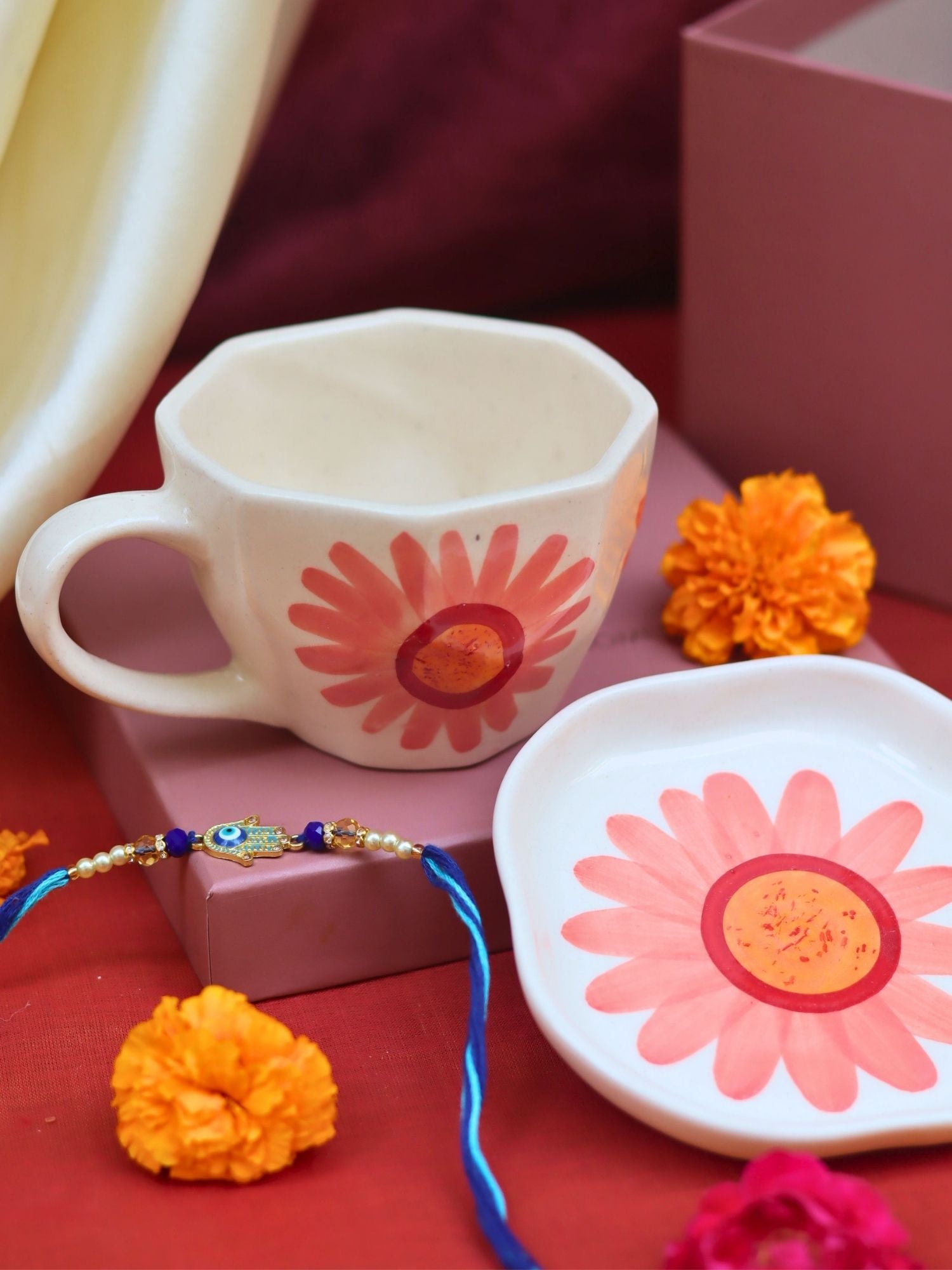 Flower Mug & Dessert Plate Rakhi Gift Box