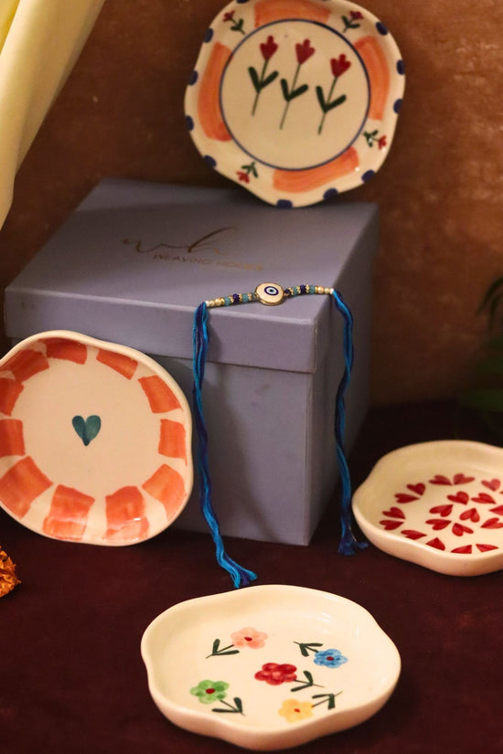 Set of 4 - Hear, Striped heart, Peony & Floral Blossom handmade dessert plate combo Rakhi Gift box handmade in india