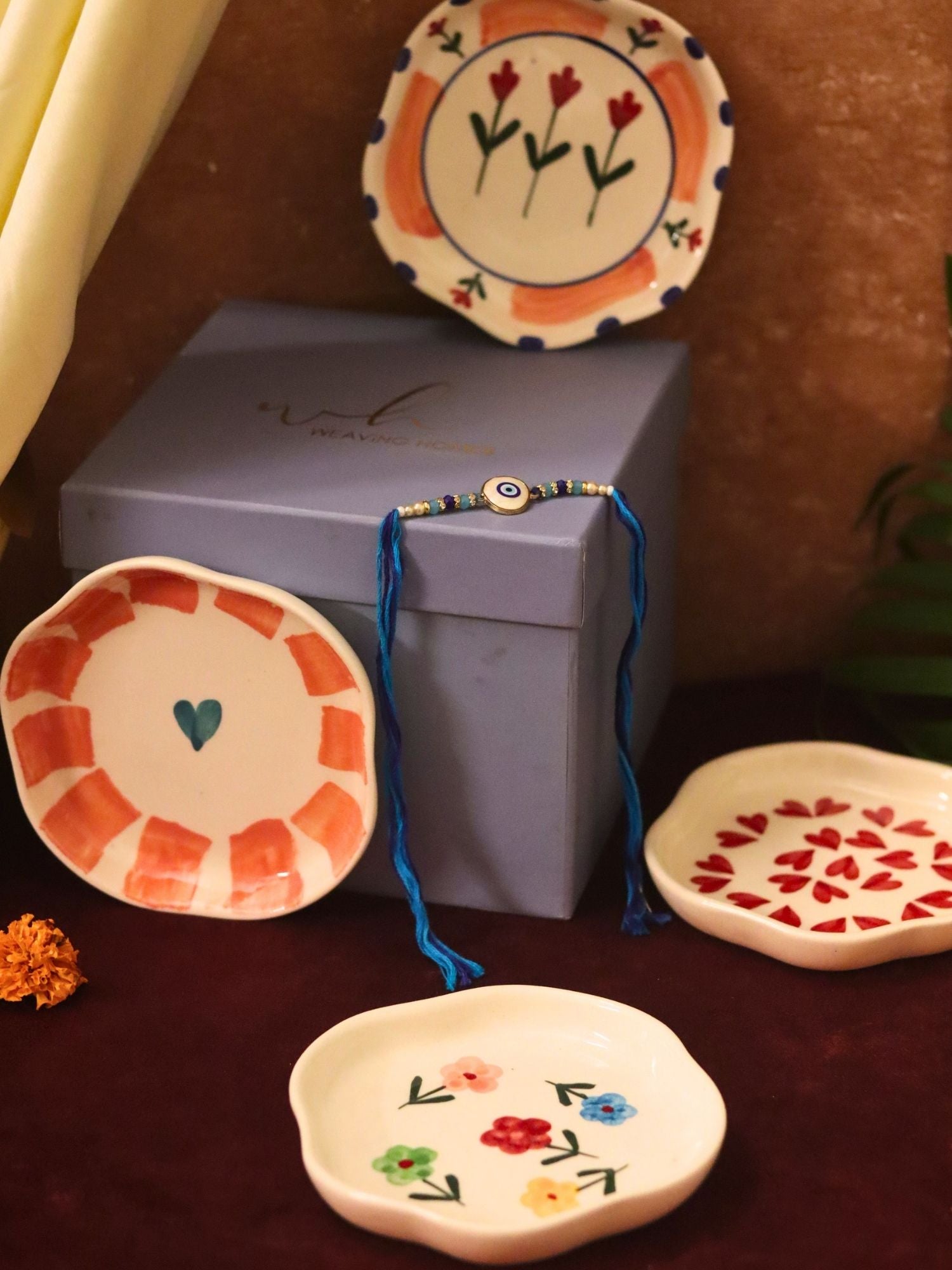 Set of 4 - Hear, Striped heart, Peony & Floral Blossom handmade dessert plate combo Rakhi Gift box handmade in india