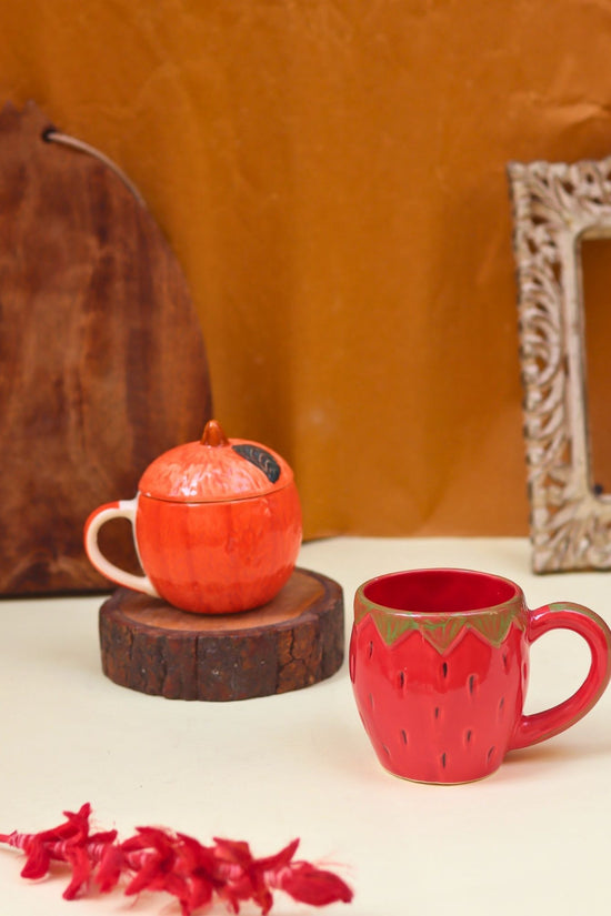 Set of 2 - Orange Mug with Lid & OG Strawberry mug & Orange Mug combo handmade in India