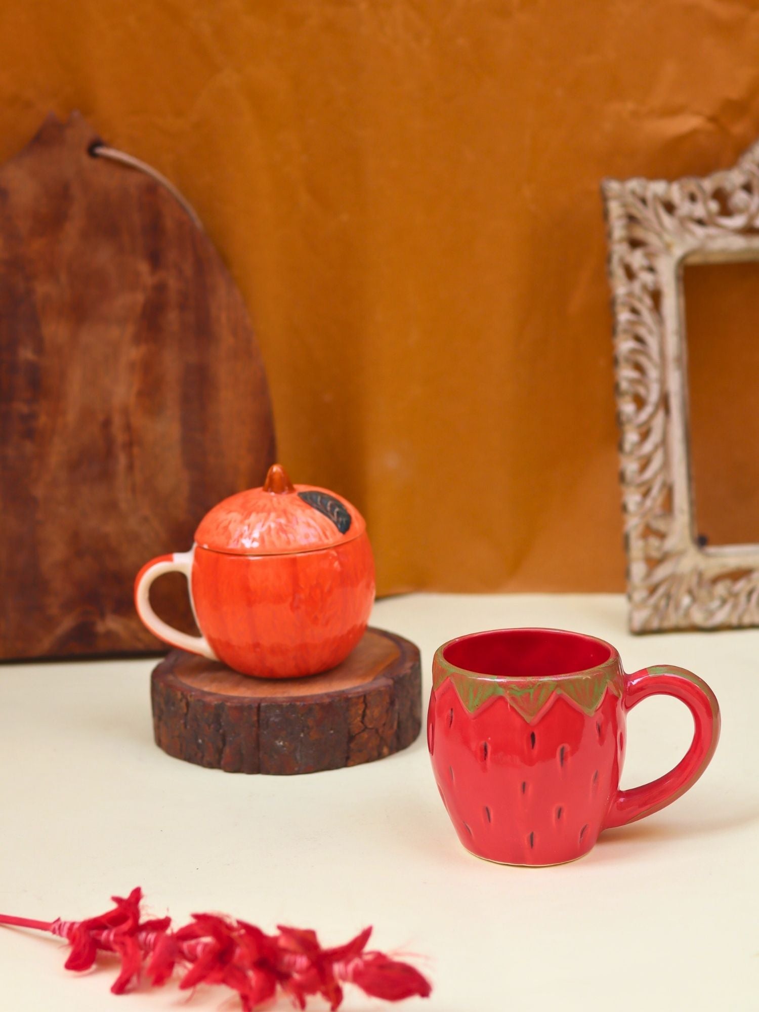 Set of 2 - Orange Mug with Lid & OG Strawberry mug & Orange Mug combo handmade in India