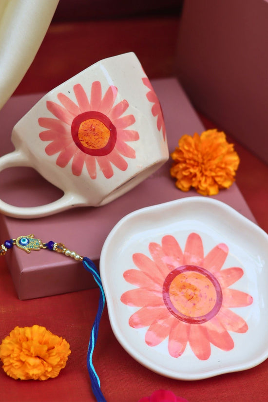 Flower Mug & Dessert Plate Rakhi Gift Box handmade in India