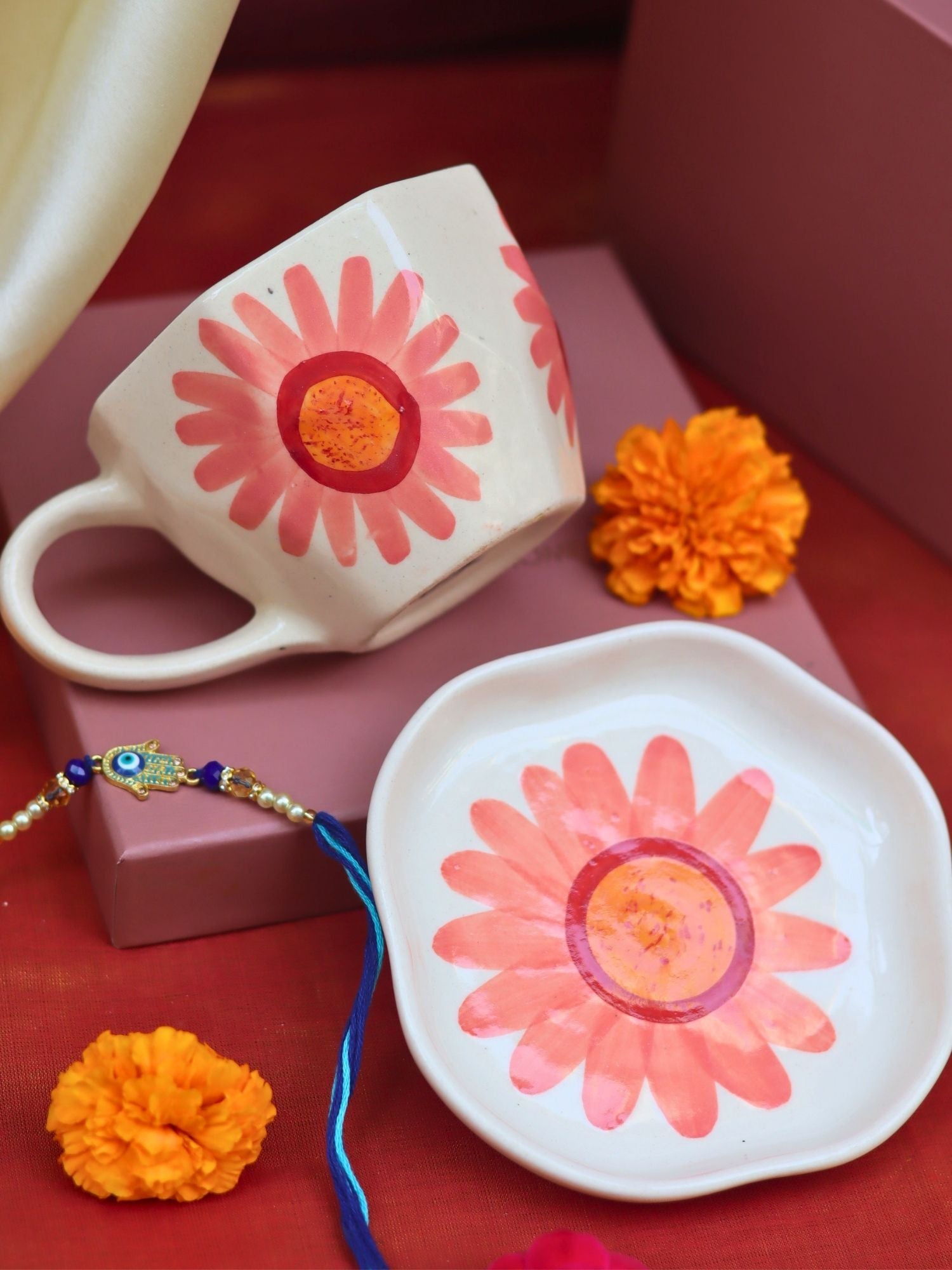 Flower Mug & Dessert Plate Rakhi Gift Box handmade in India