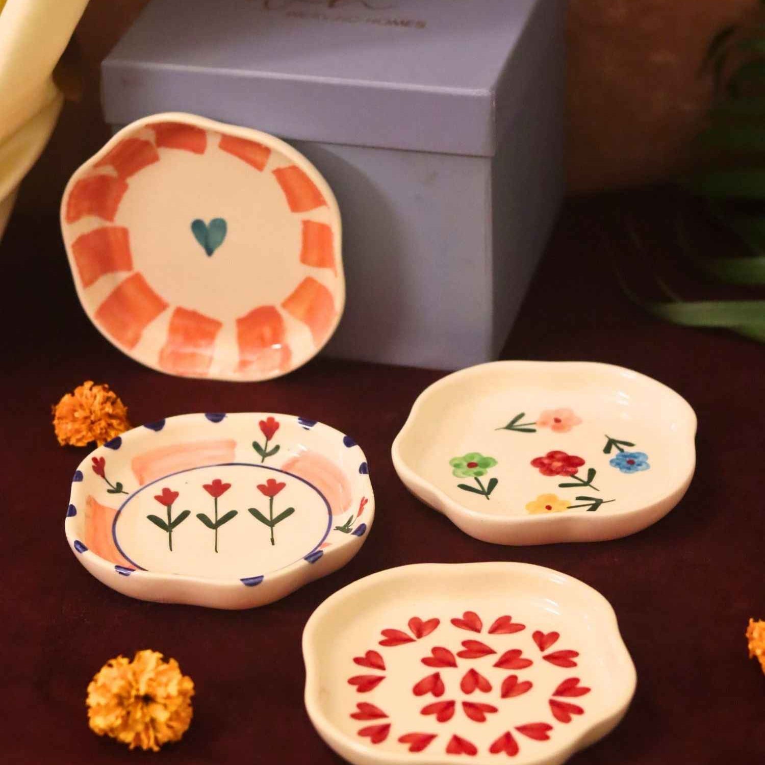 Set of 4 - Heart, Striped heart, Peony & Floral blossom handmade dessert plate combo in a Gift box