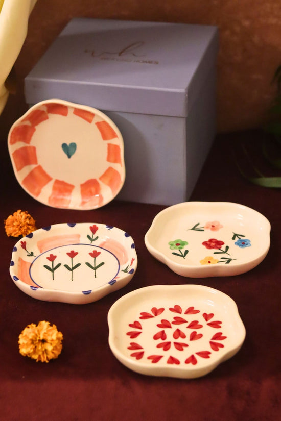 Lead free Set of 4 - Hear, Striped heart, Peony & Floral blossom handmade dessert plate combo in a Gift box