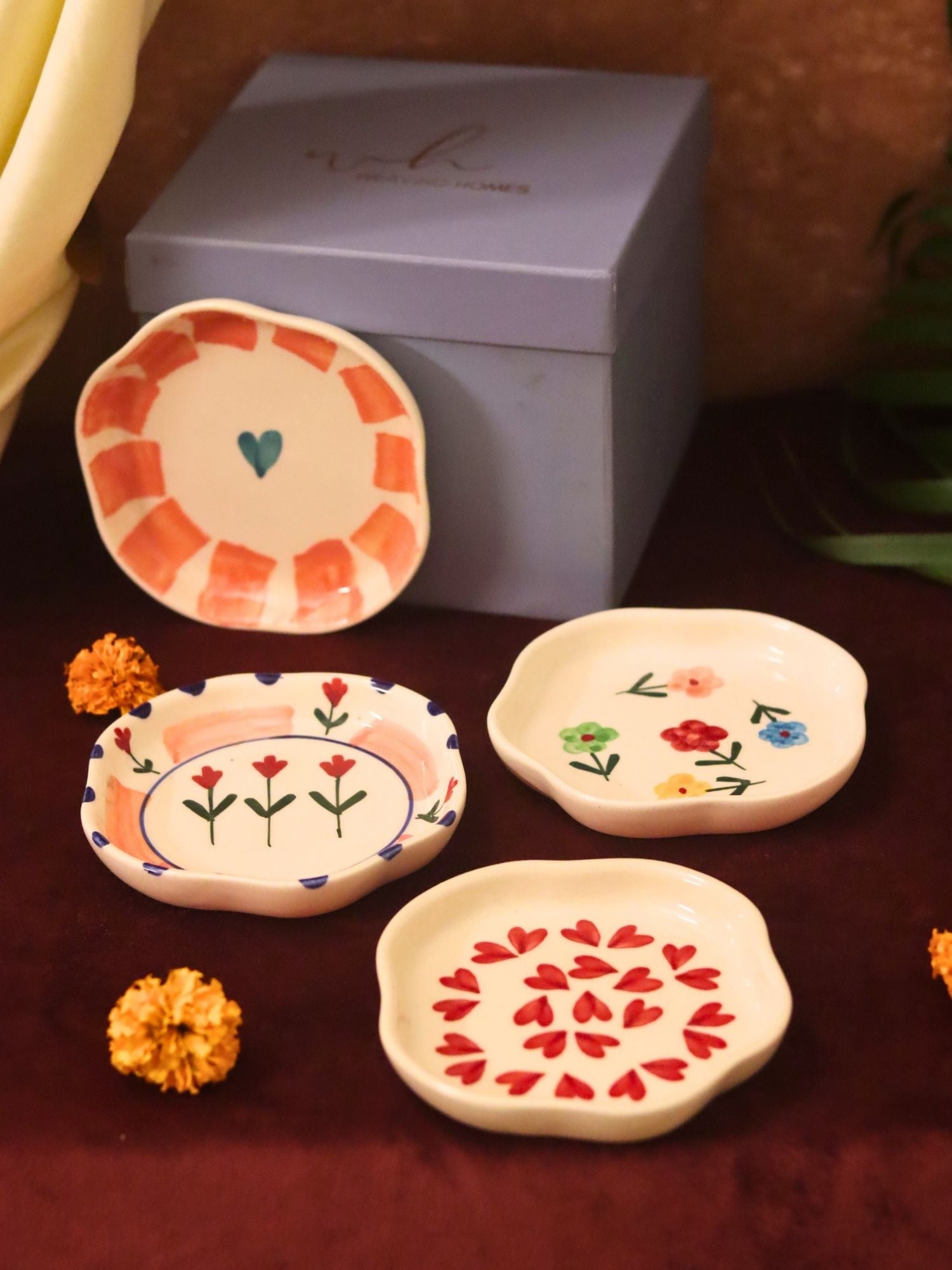 Lead free Set of 4 - Hear, Striped heart, Peony & Floral blossom handmade dessert plate combo in a Gift box