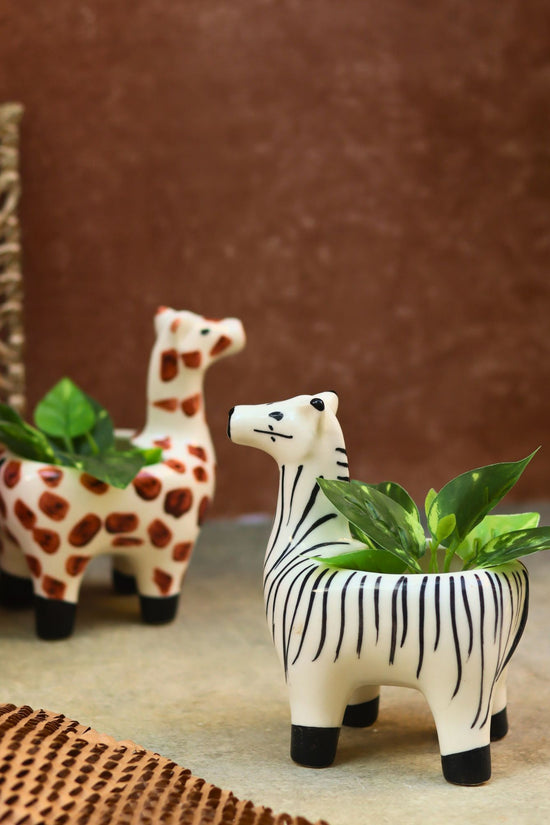 Set of 2 - Zebra & Giraffe Planters combo handmade in India