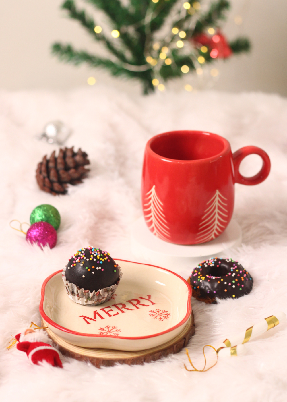 handmade merry dessert plate with beautiful christmas mug