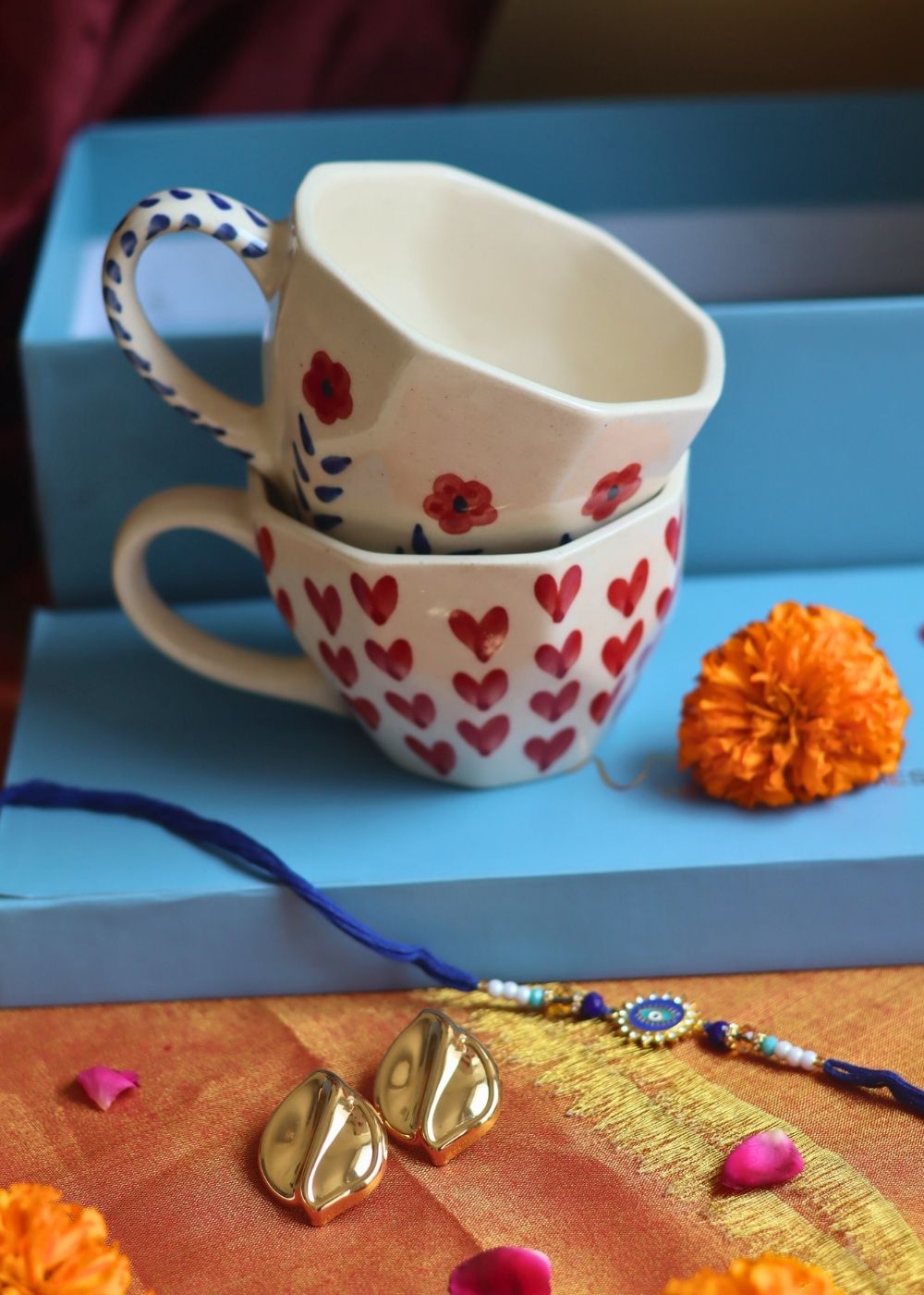 Rakhi Heart & Spring Mug gift box with Rakhi & Earrings premium quality giftings