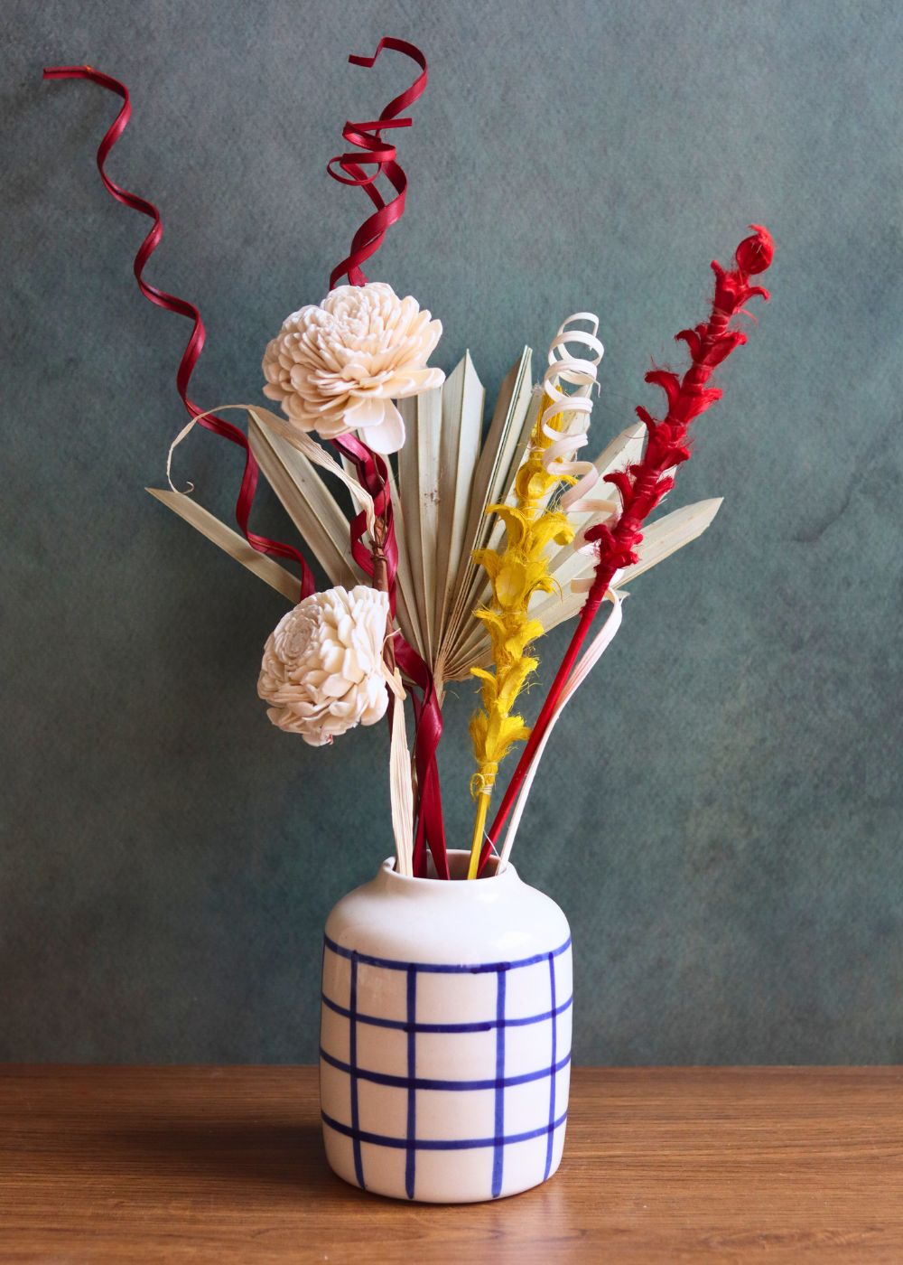 handmade chequered blue vase with assorted bunch combo