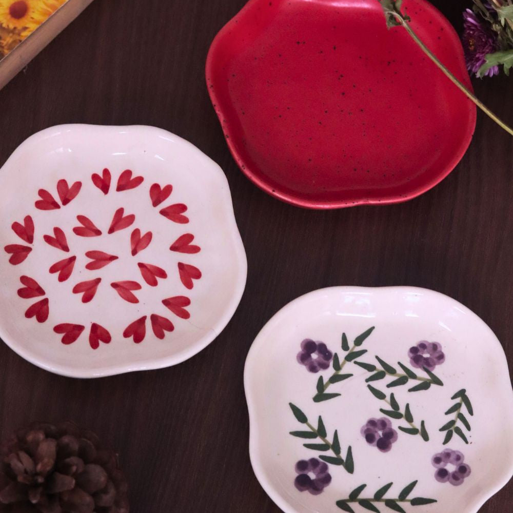 Red, All heart & Lavender Fields Handmade Dessert Plates  - Set of 3 made by ceramic