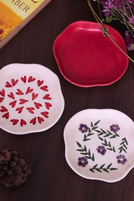 Red, All heart & Lavender Fields Handmade Dessert Plates  - Set of 3 made by ceramic