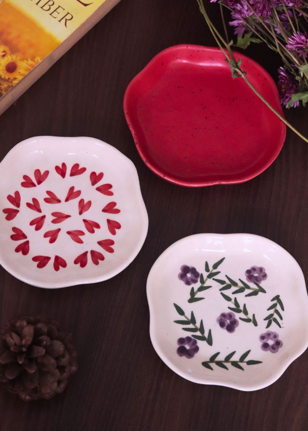 Red, All heart & Lavender Fields Handmade Dessert Plates  - Set of 3 made by ceramic