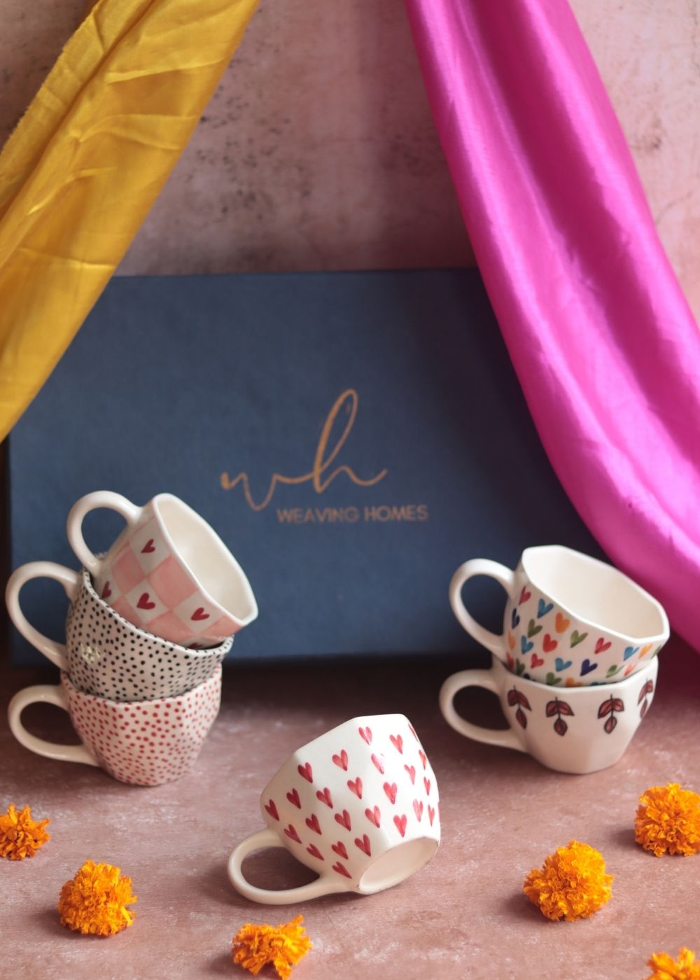 Set of 6 Heart & Polka Artful Mugs (for the price of 5) Diwali Gift Box handmade in india