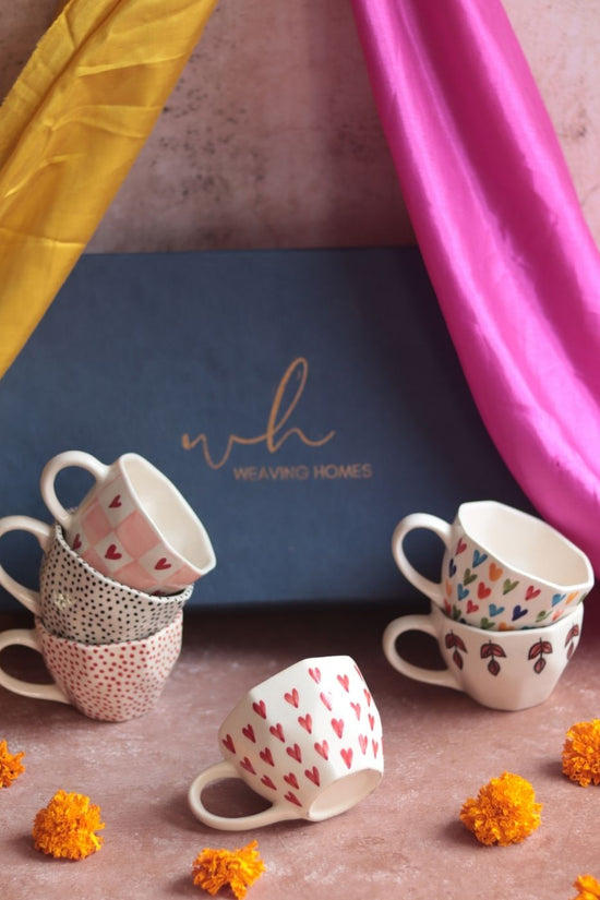 Set of 6 Heart & Polka Artful Mugs (for the price of 5) Diwali Gift Box handmade in india