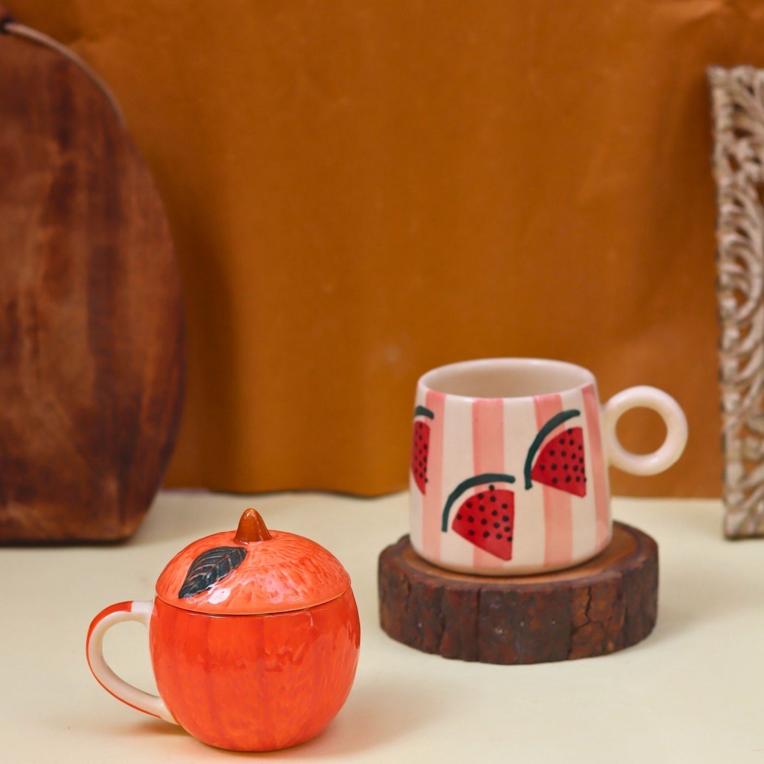 handmade Set of 2 - Orange mug with lid & Melon Mug combo