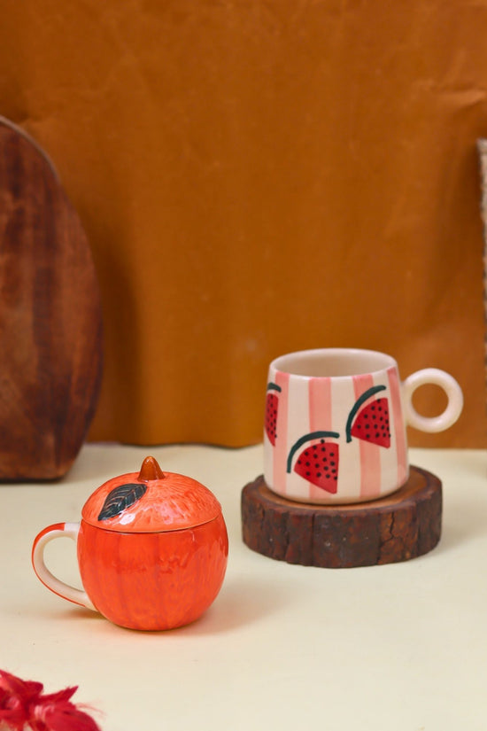 handmade Set of 2 - Orange mug with lid & Melon Mug combo