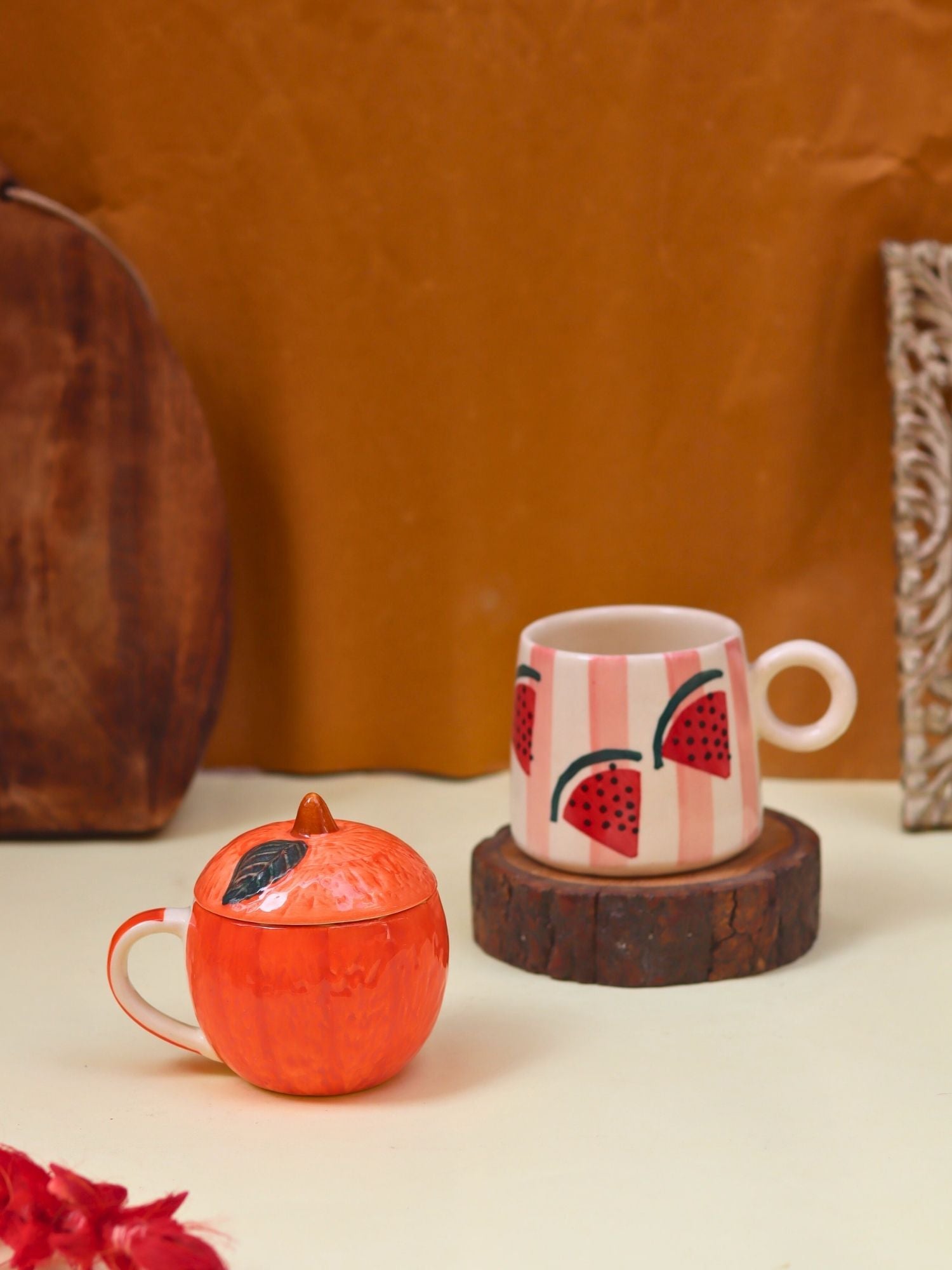 handmade Set of 2 - Orange mug with lid & Melon Mug combo